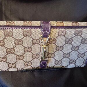 Gucci Beige -Purple Canvas with Piston Long Wallet